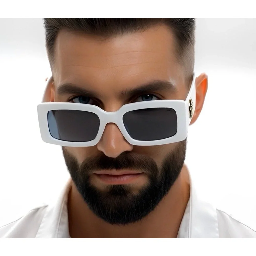 Square Men Sunglasses White Frame Black Lens Gold 100% UV Protection Street Wear